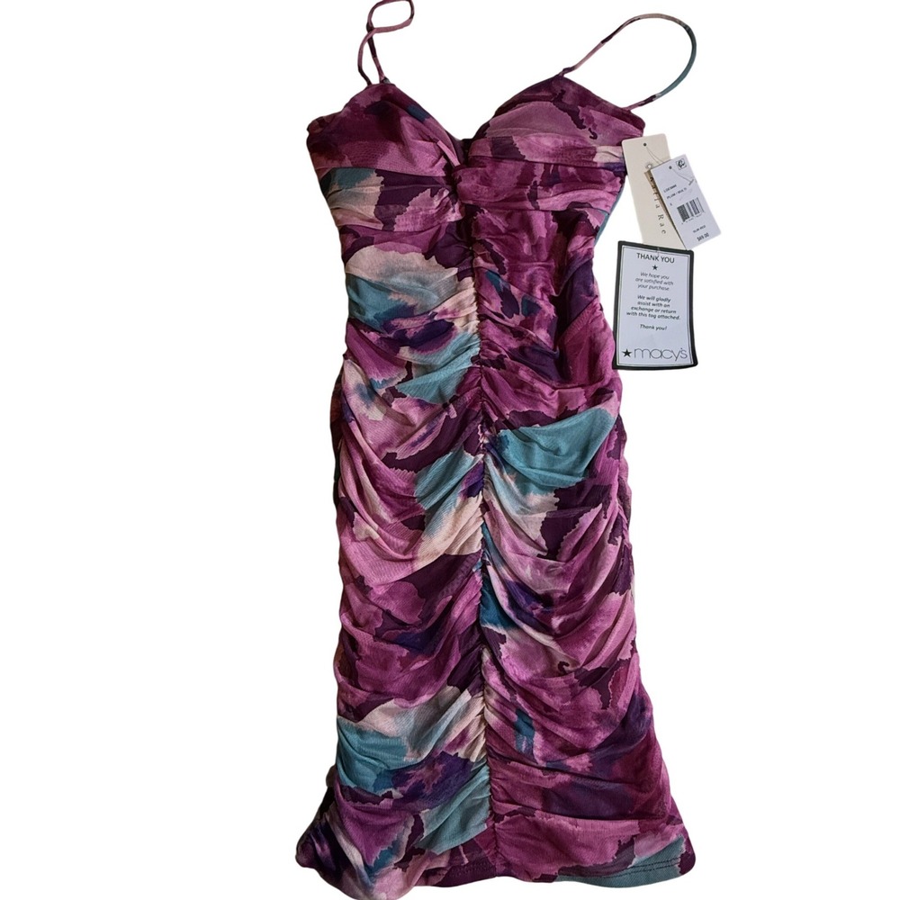 Katia Rae Plum Multi Ruched Mesh Lace Up Back Mini Dress LGE5880 Small NWT